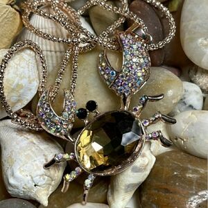 Sparkling Crab Pendant Necklace - Gold Tone with Multi-Color Crystals